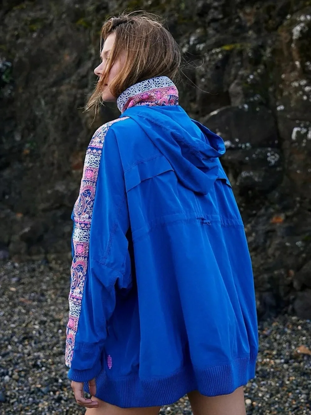 Free People She Fly Bright Blue Hooded Windbreaker with Pink Paisley Trim - Picture 3 of 4